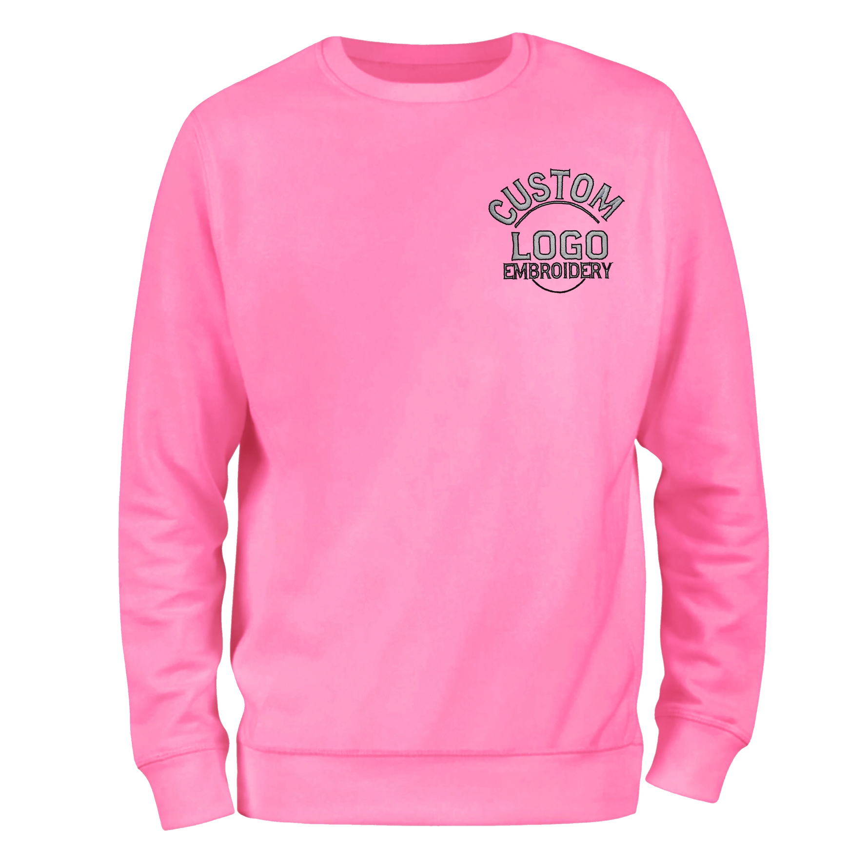 a pink sweatshirt with a black and white logo