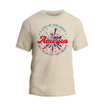 a white t - shirt with the words land of the free and an american flag