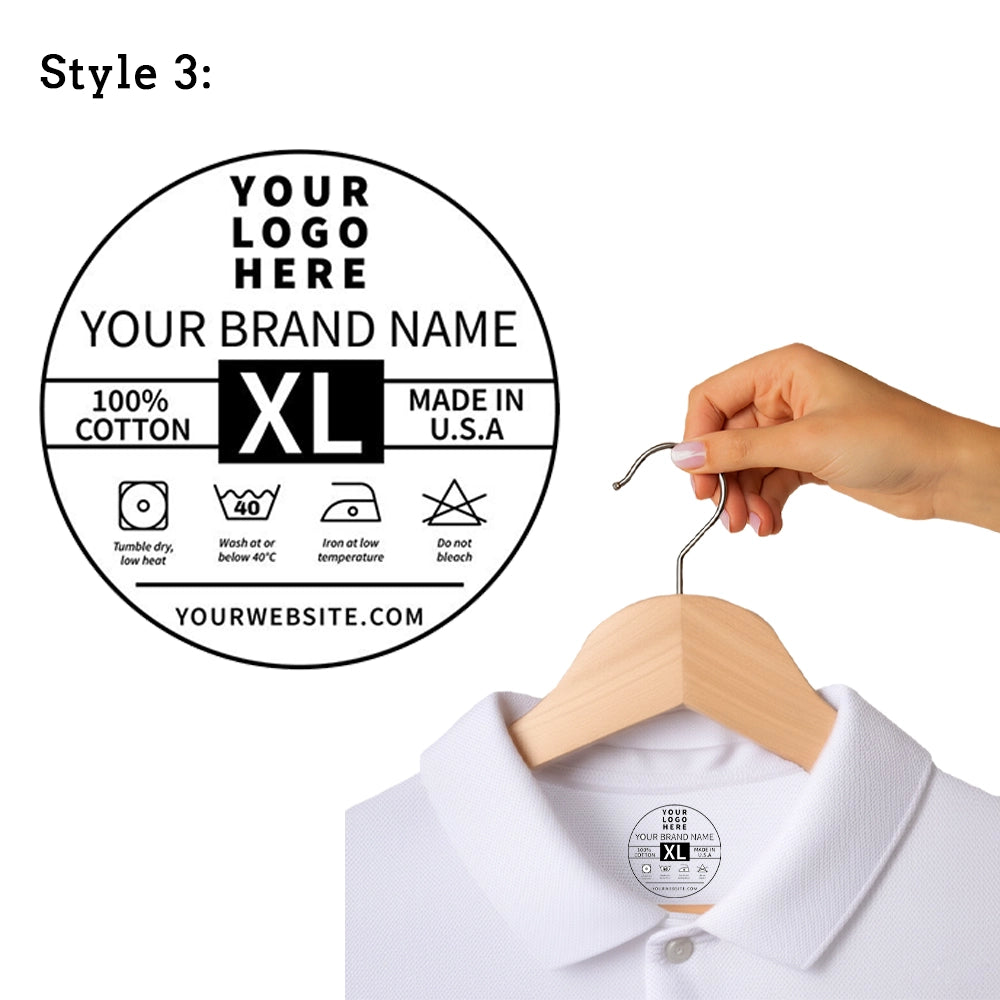White shirt with a hanger displaying a customizable label for brand and product information.