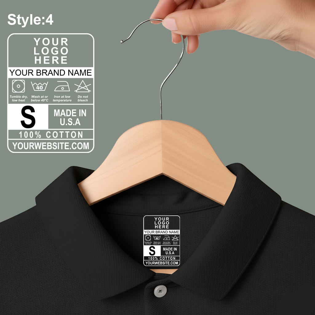 Black shirt with wooden hanger and customizable label on gray  Custom DTF Shirt Labelbackground