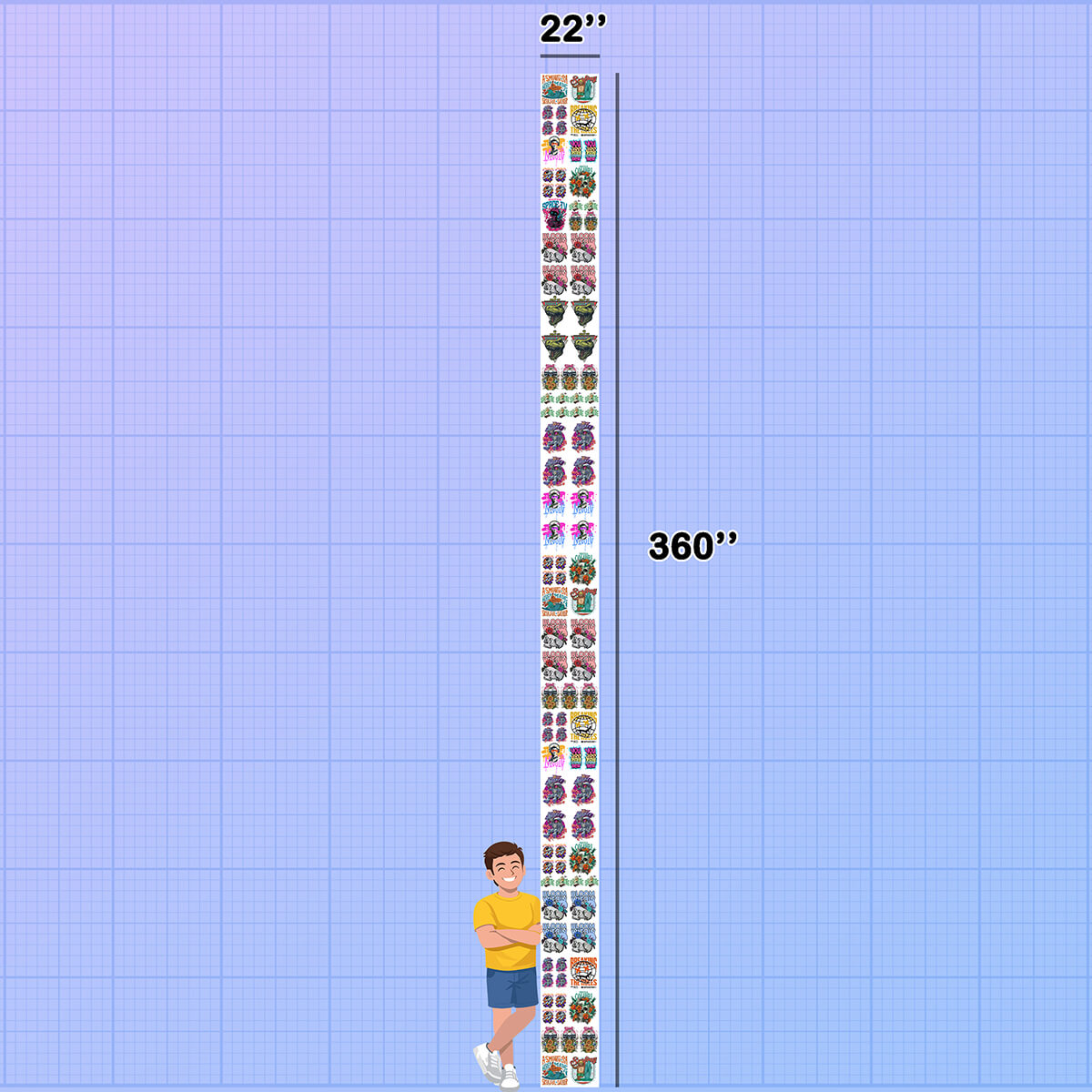 Tall vertical chart with colorful illustrations and measurements on a blue grid background. DTF Gang Sheet Builder