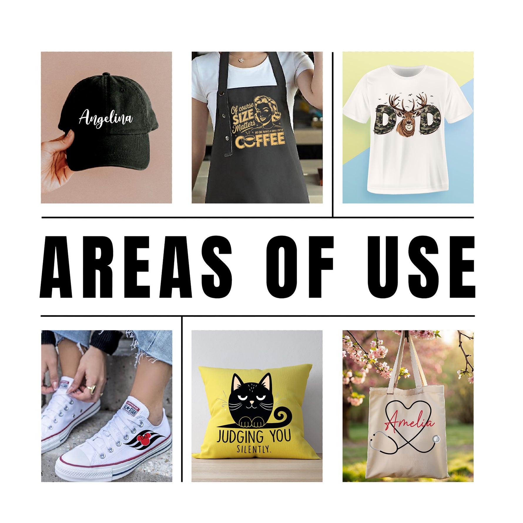 a collage of different items with the words areas of use DTF Gang Sheet Builder