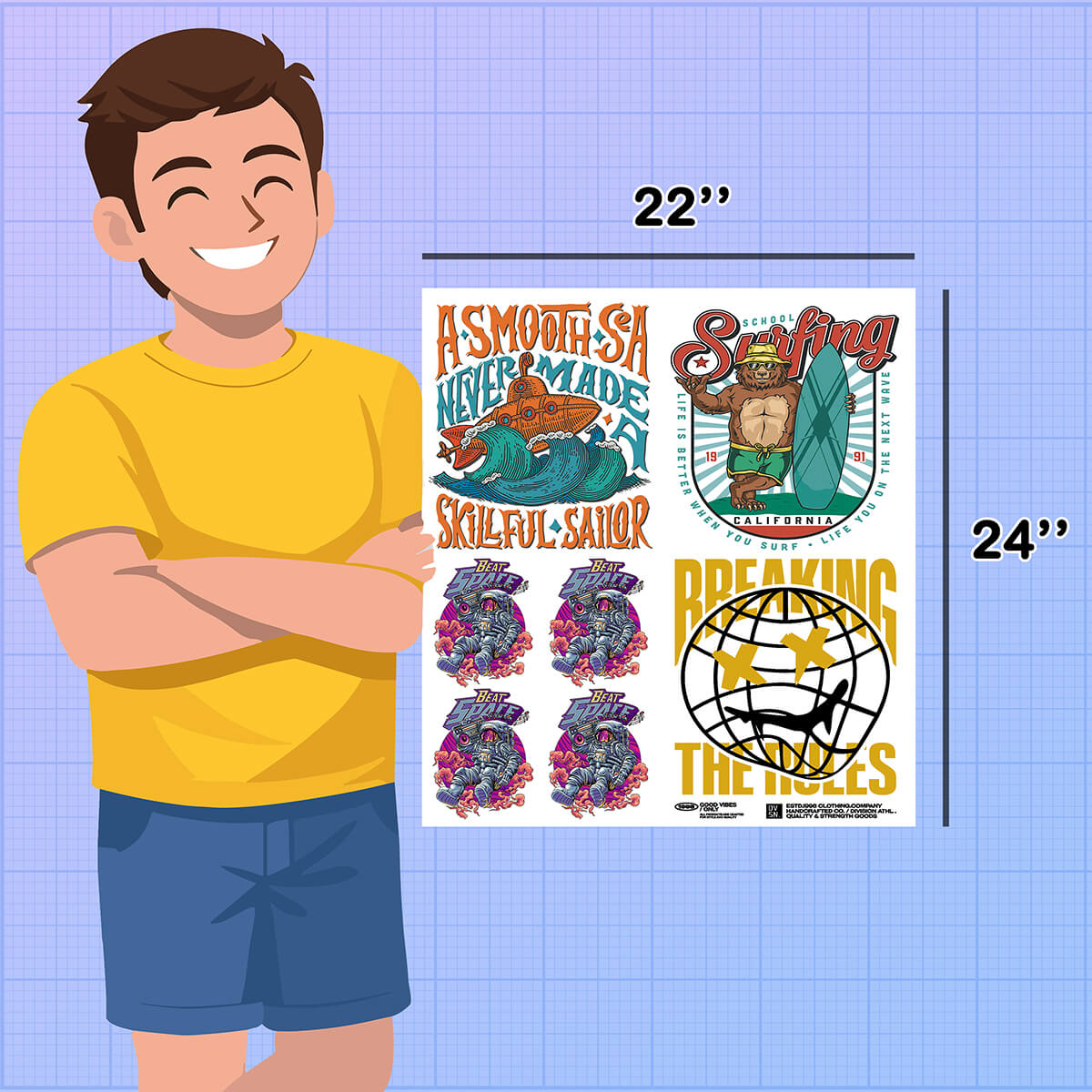 Person holding a poster with various graphics and text, standing next to dimensions on a grid background. DTF Gang Sheet Builder