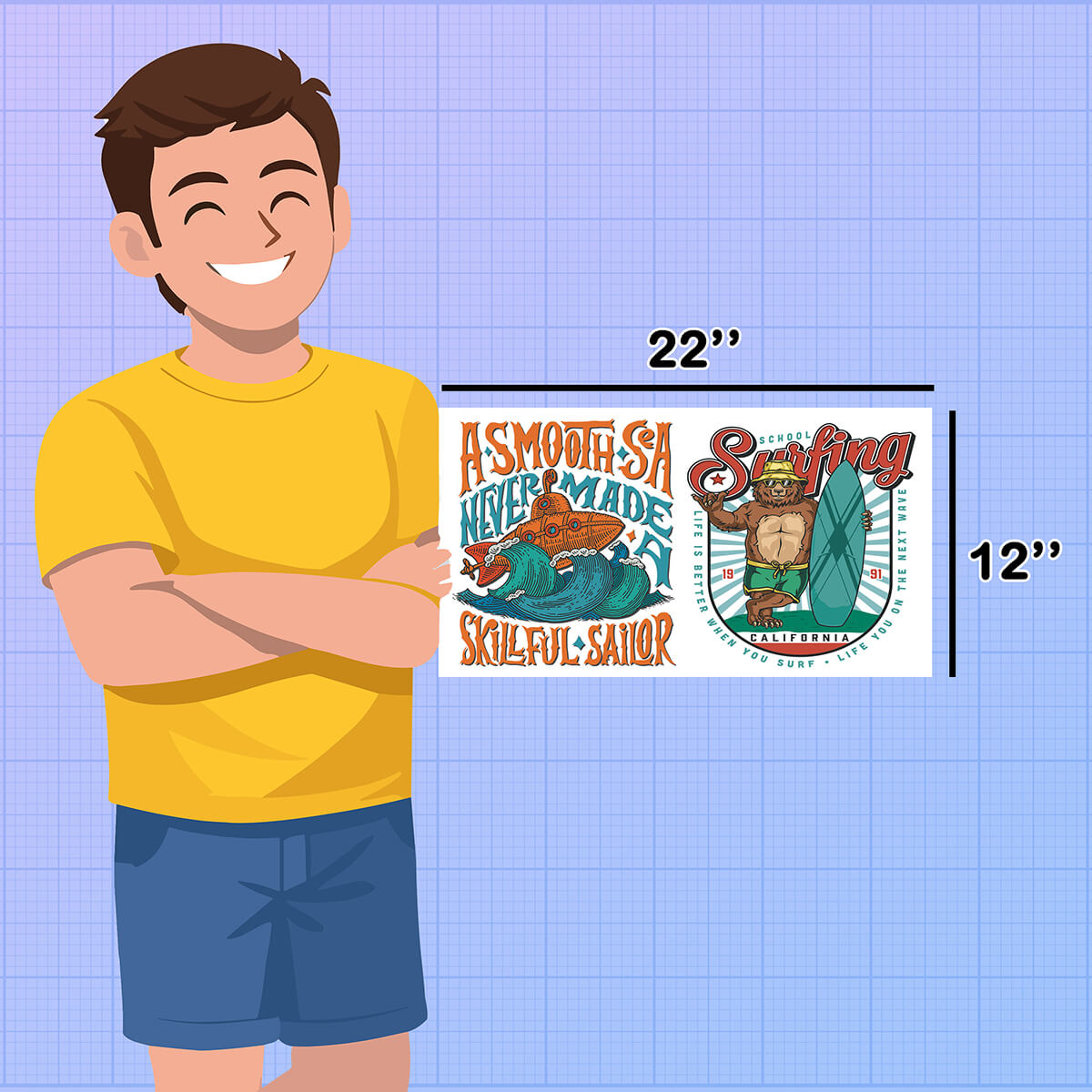 Person holding a sign with cartoon bear and text, on a blue grid background DTF Gang Sheet Builder