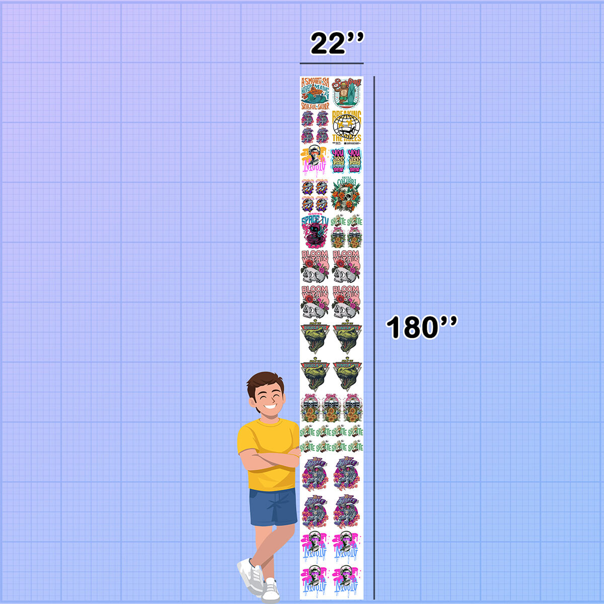 Growth chart with cartoon characters on a blue grid background. DTF Gang Sheet Builder