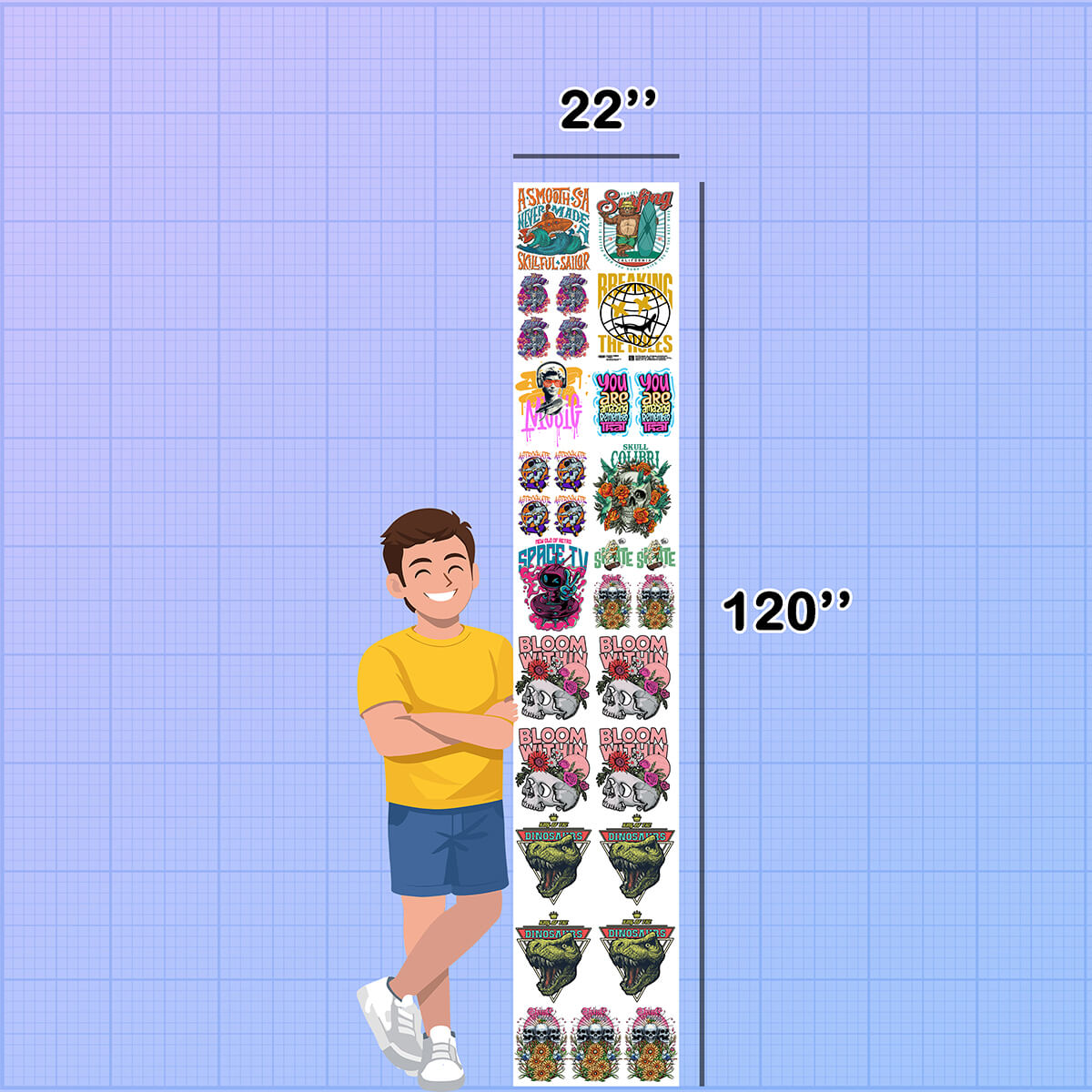 Growth chart with cartoon character and colorful designs on a blue grid background. DTF Gang Sheet Builder