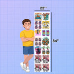 Cartoon character standing next to a vertical banner with various designs on a grid background. DTF Gang Sheet Builder