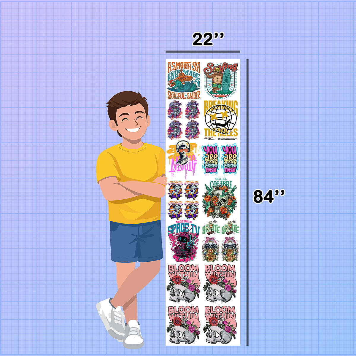 Cartoon character standing next to a vertical banner with various designs on a grid background. DTF Gang Sheet Builder