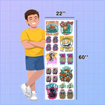 Sheet of colorful stickers with a person for scale on a blue grid DTF Gang Sheet Builderbackground