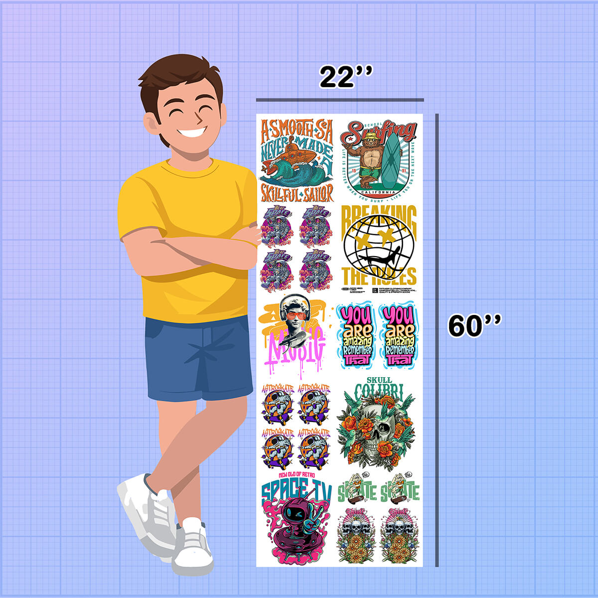 Sheet of colorful stickers with a person for scale on a blue grid DTF Gang Sheet Builderbackground