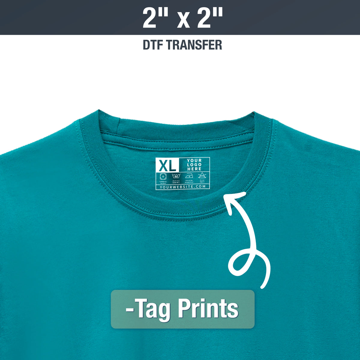 Teal t-shirt with a white graphic and text indicating '2" x 2" DTF Transfer' and 'Tag Prints'.
