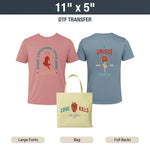 Two t-shirts and a tote bag with printed designs and text, including 'What Consumes Your Mind' and 'Be Unique'. DTF Transfers By Size