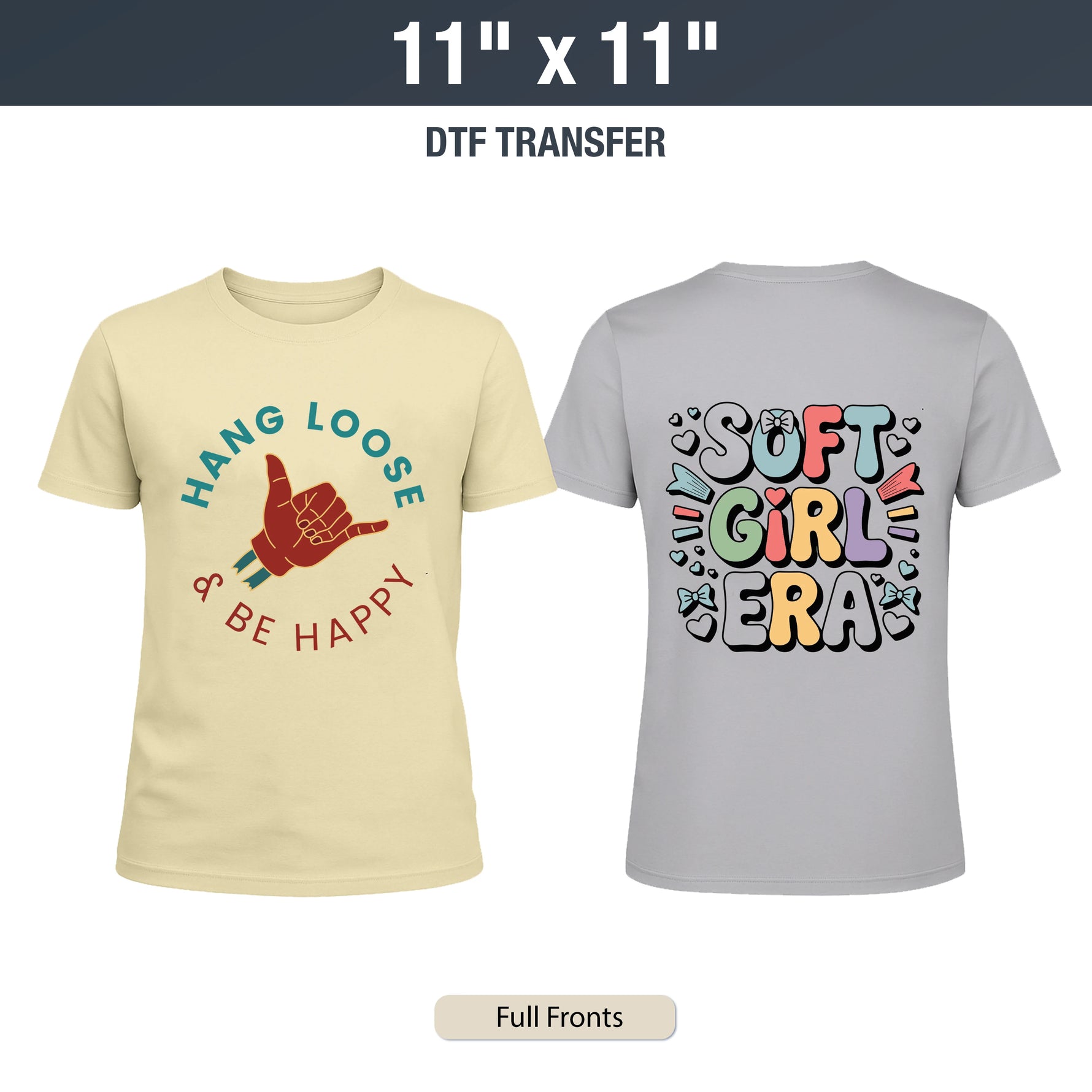 Two t-shirts with colorful text and graphics on a white background. DTF Transfers By Size