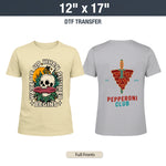 Two t-shirts with graphic designs on a white background. DTF Transfers By Size