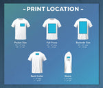 Chart showing different print locations on a white t-shirt with blue boxes indicating areas. DTF Transfers By Size
