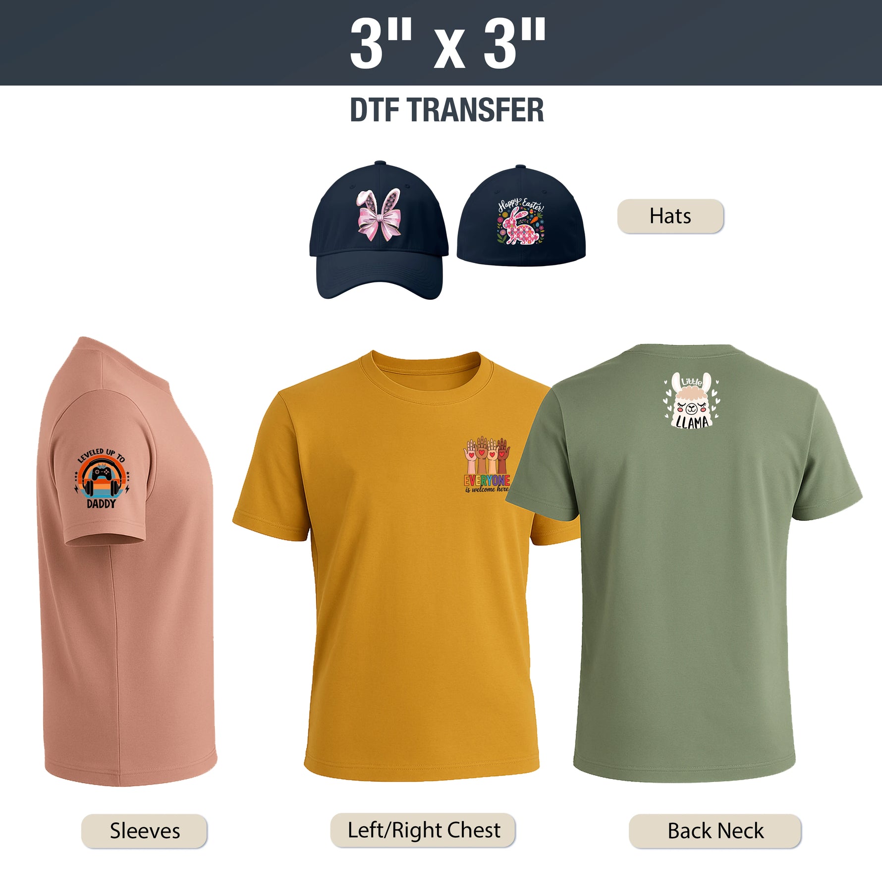 Three t-shirts with different design placements on a white background, featuring hats above them.