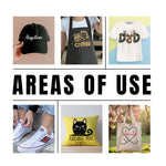 a collage of different items with the words areas of use. DTF Transfers By Size