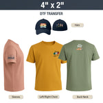 DTF transfer application examples on t-shirts and hats with labeled areas.