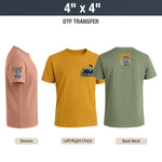 Three t-shirts with different DTF transfer locations on a white background
