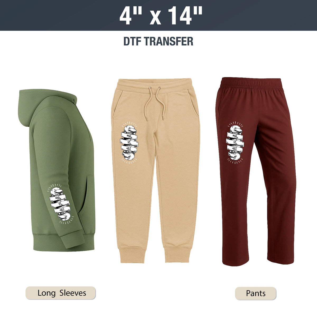 Green hoodie and beige and maroon pants with white graphic transfers on a white background.