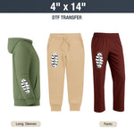 Green hoodie and beige and maroon pants with white graphic transfers on a white background.