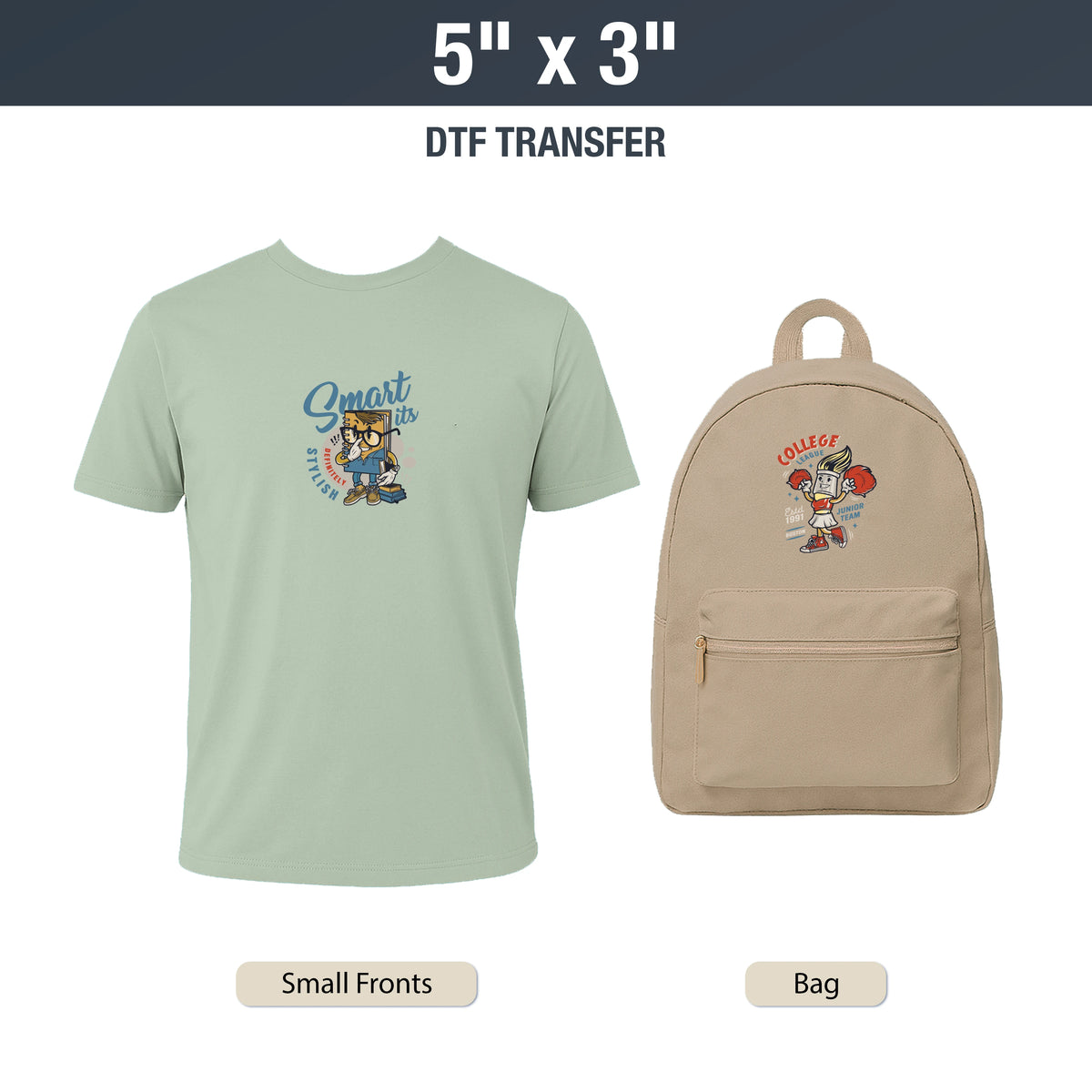 T-shirt and backpack with DTF transfer design on a white , DTF Transfers By Size background