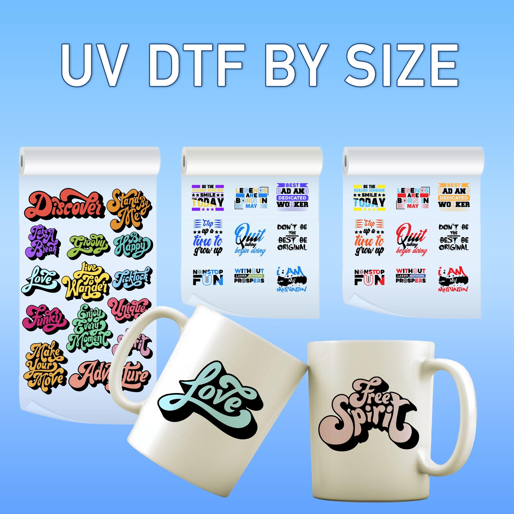 a couple of mugs sitting next to each other UV DTF By Size