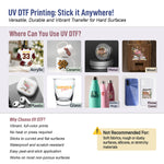 a flyer for a print shop with pictures of different items UV DTF By Size