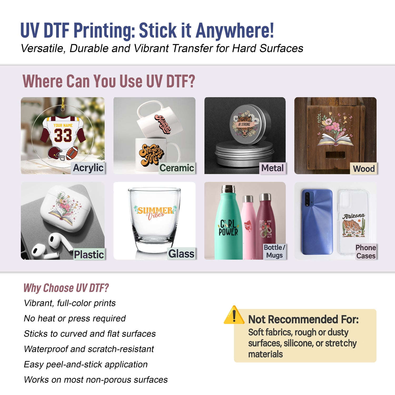 a flyer for a print shop with pictures of different items UV DTF By Size