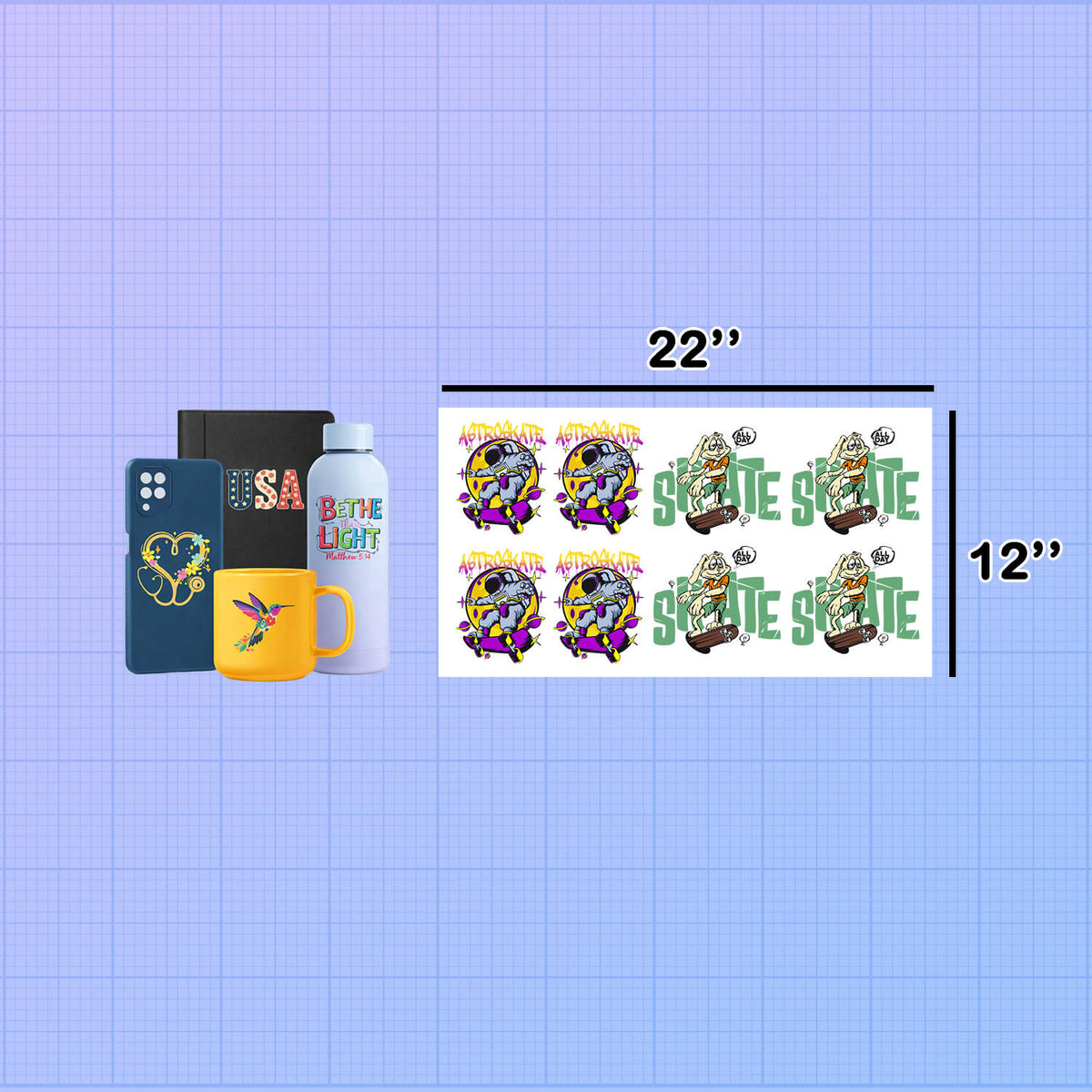 Product display with a sheet of stickers featuring cartoon characters, surrounded by other merchandise on a grid background. UV DTF Gang Sheet Builder