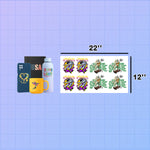 Product display with a sheet of stickers featuring cartoon characters, surrounded by other merchandise on a grid background. UV DTF Gang Sheet Builder