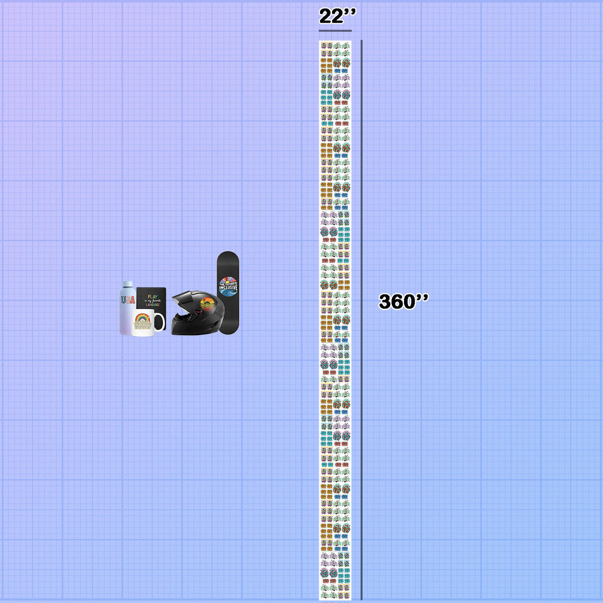 Measurement chart showing a mug, helmet, and skateboard with corresponding measurements on a grid background. UV DTF Gang Sheet Builder