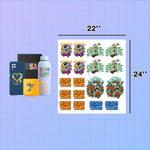 Sheet of stickers with various designs on a blue grid background UV DTF Gang Sheet Builder