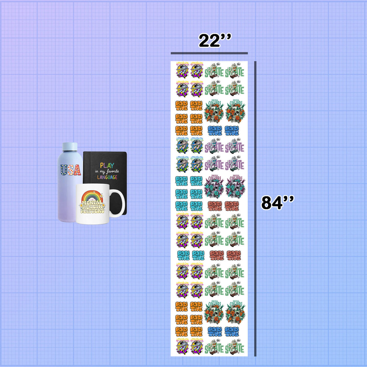 Sheet of stickers with dimensions labeled on a grid background UV DTF Gang Sheet Builder