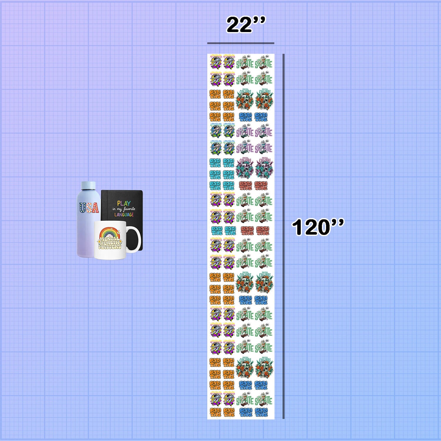 Sheet of stickers with dimensions shown on a grid background UV DTF Gang Sheet Builder
