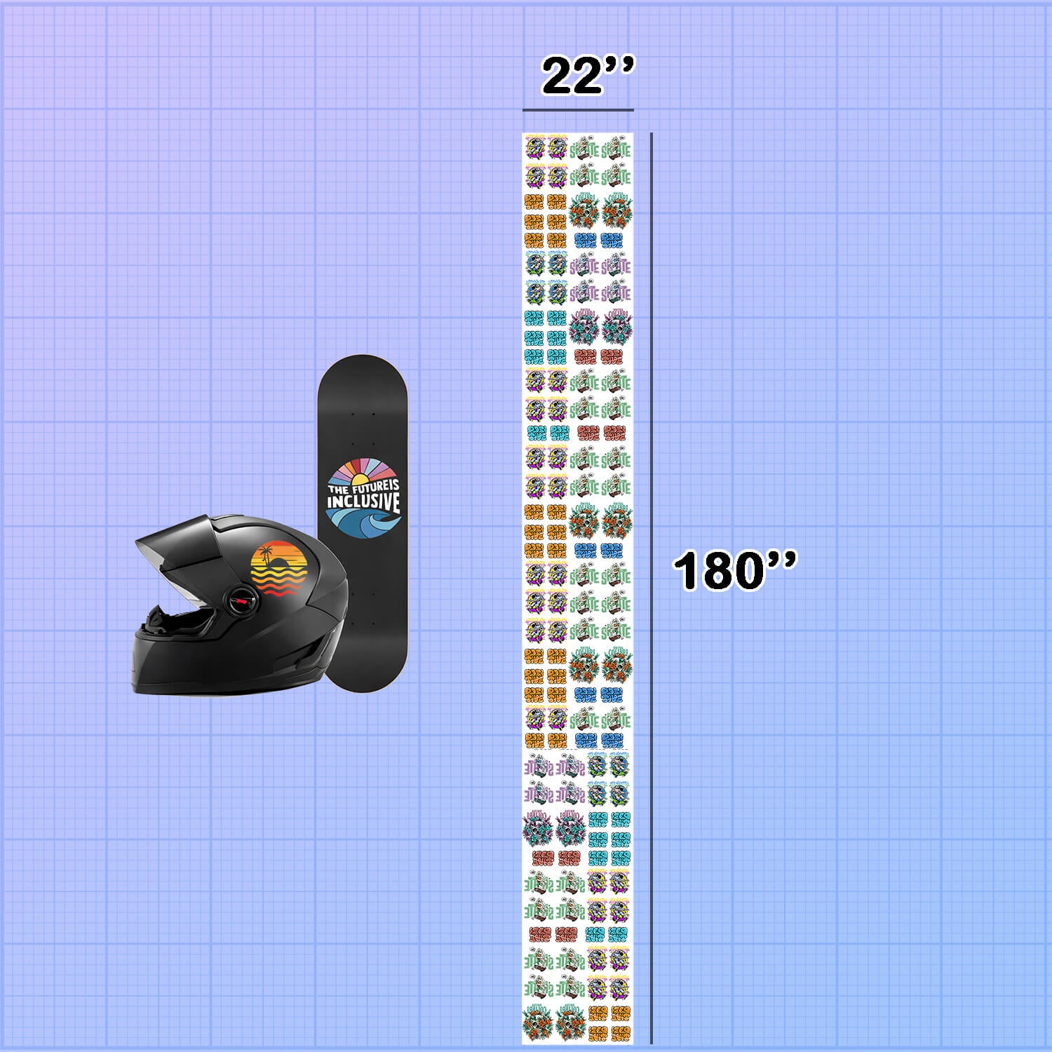Skateboard deck with helmet and measurement chart on a blue grid background UV DTF Gang Sheet Builder