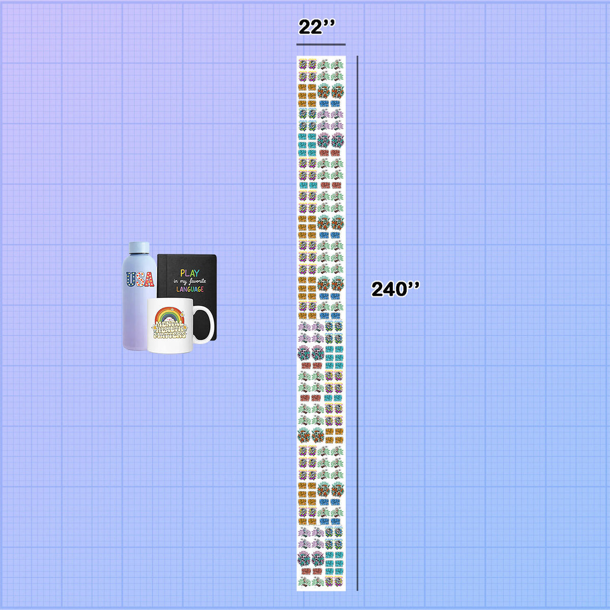 Growth chart with small items for scale on a blue grid background UV DTF Gang Sheet Builder