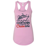 A pink tank top with a graphic design depicting a cruise ship and the text "COUNTDOWN is over it's Cruise time" printed on it.