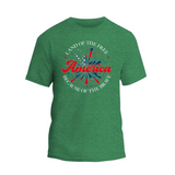 a green t - shirt that says land of the free america because of the brave