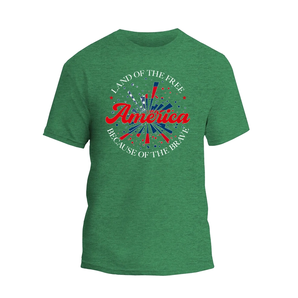 a green t - shirt that says land of the free america because of the brave