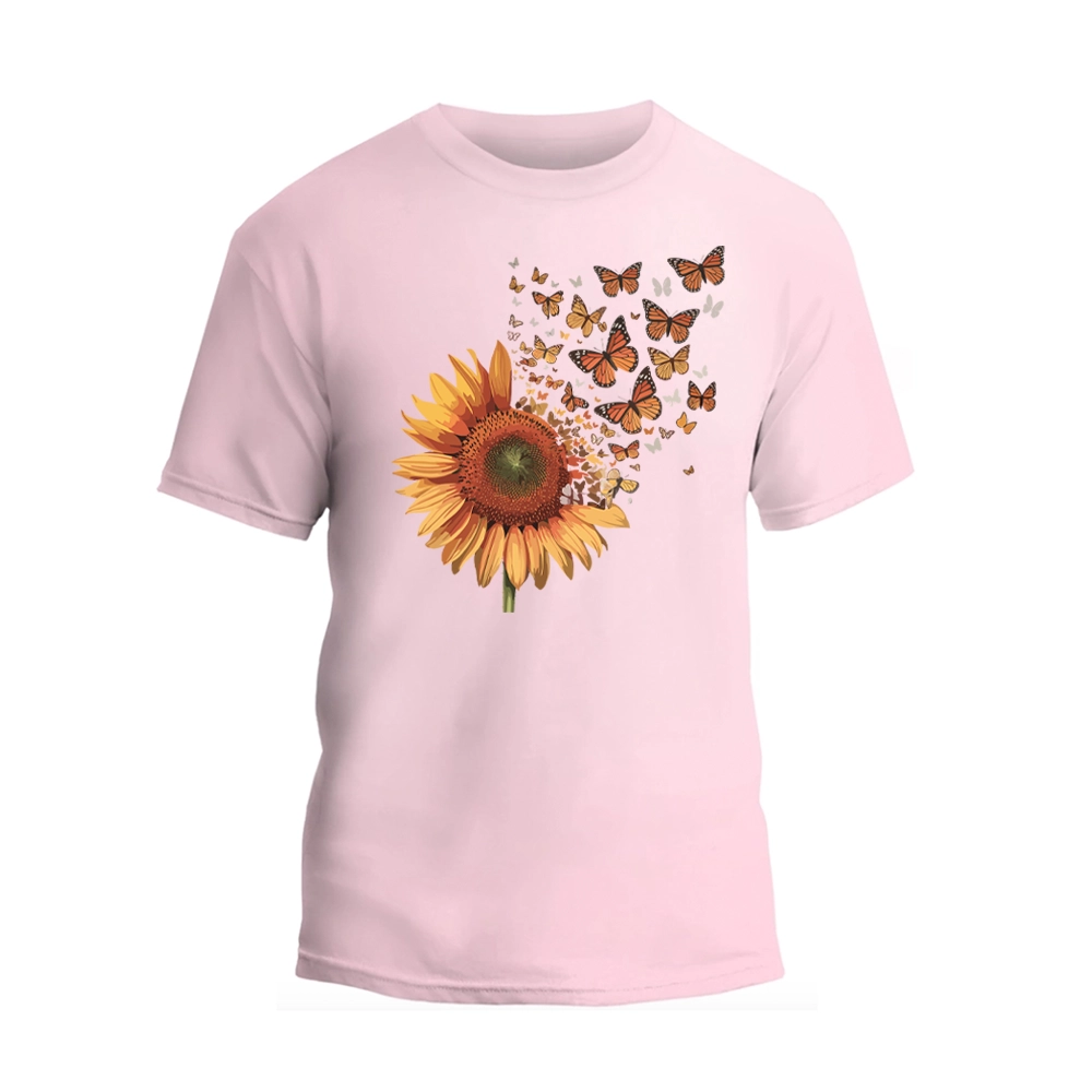 a pink t - shirt with a sunflower and butterflies on it