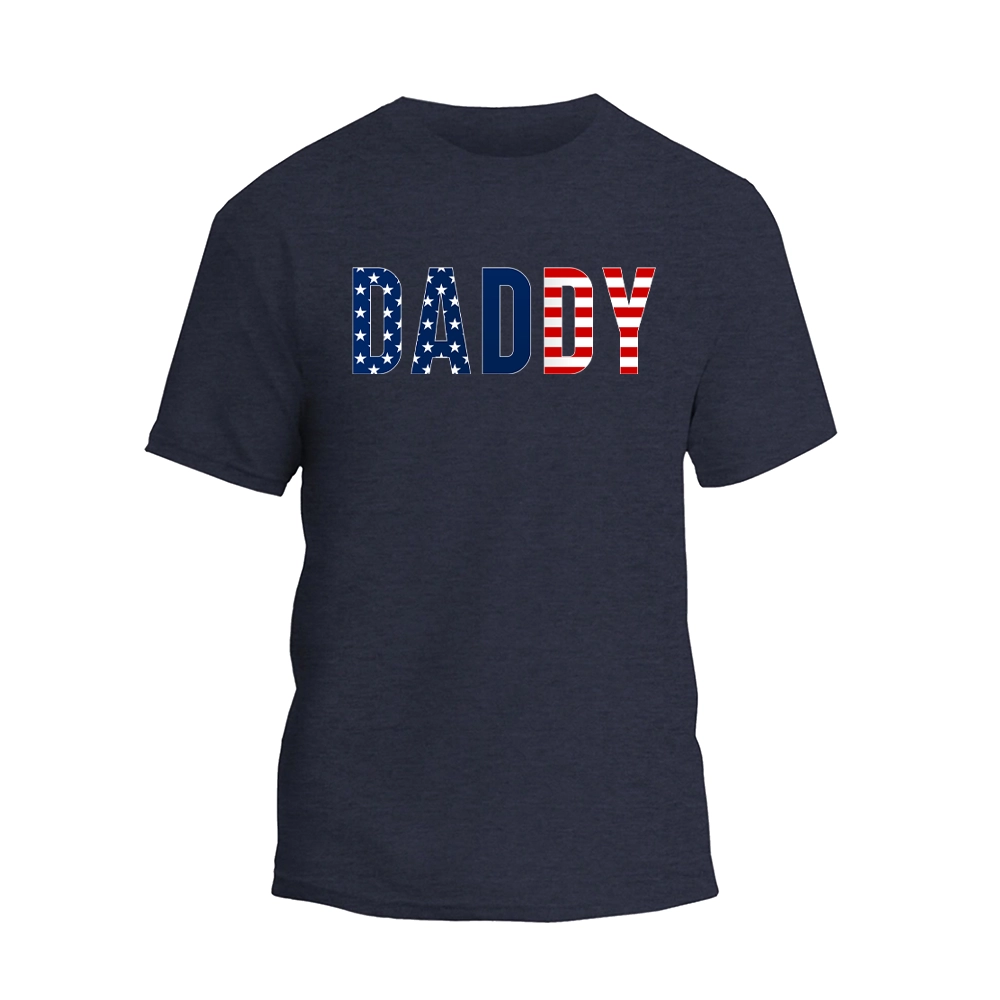 a navy t - shirt with the word dad written in red, white and blue