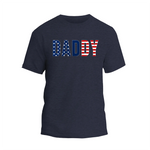 a navy t - shirt with the word dad written in red, white and blue