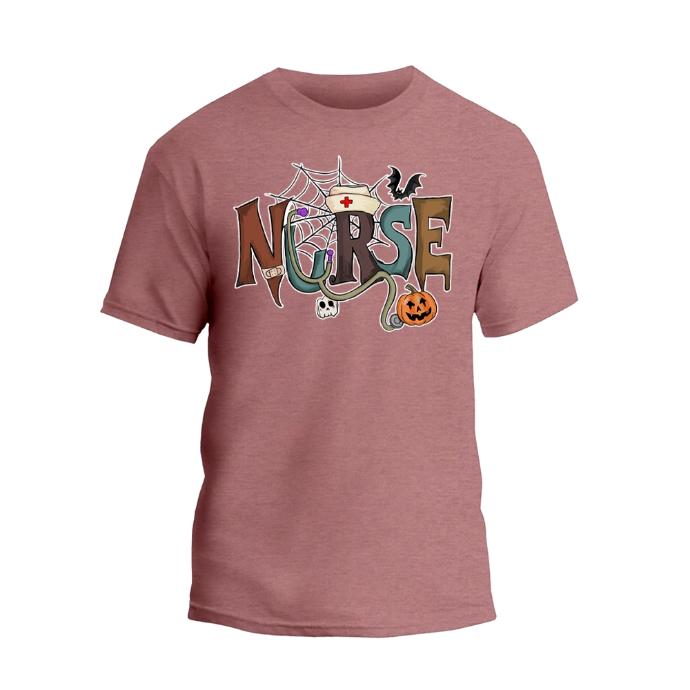 A pink t-shirt with the word "NURSE" written in a creative and colorful design, featuring various Halloween-themed elements such as a spider web, bats, a jack-o-lantern, and a nurse's cap.