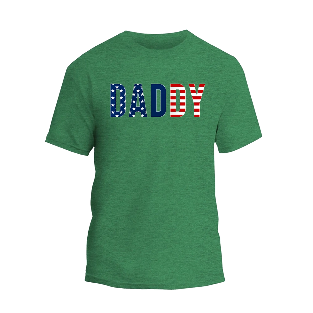 a green t - shirt with the word dad printed on it