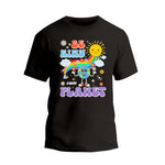 a black t - shirt with a rainbow and sun on it
