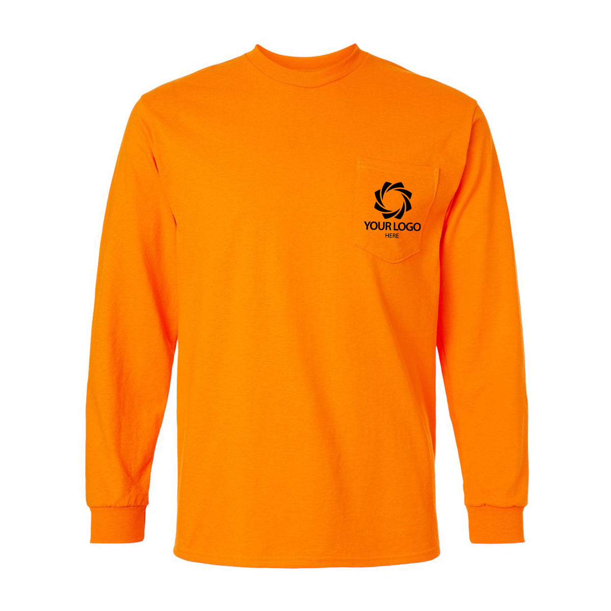 an orange long sleeved shirt with a logo on the chest