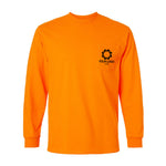 an orange long sleeved shirt with a logo on the chest