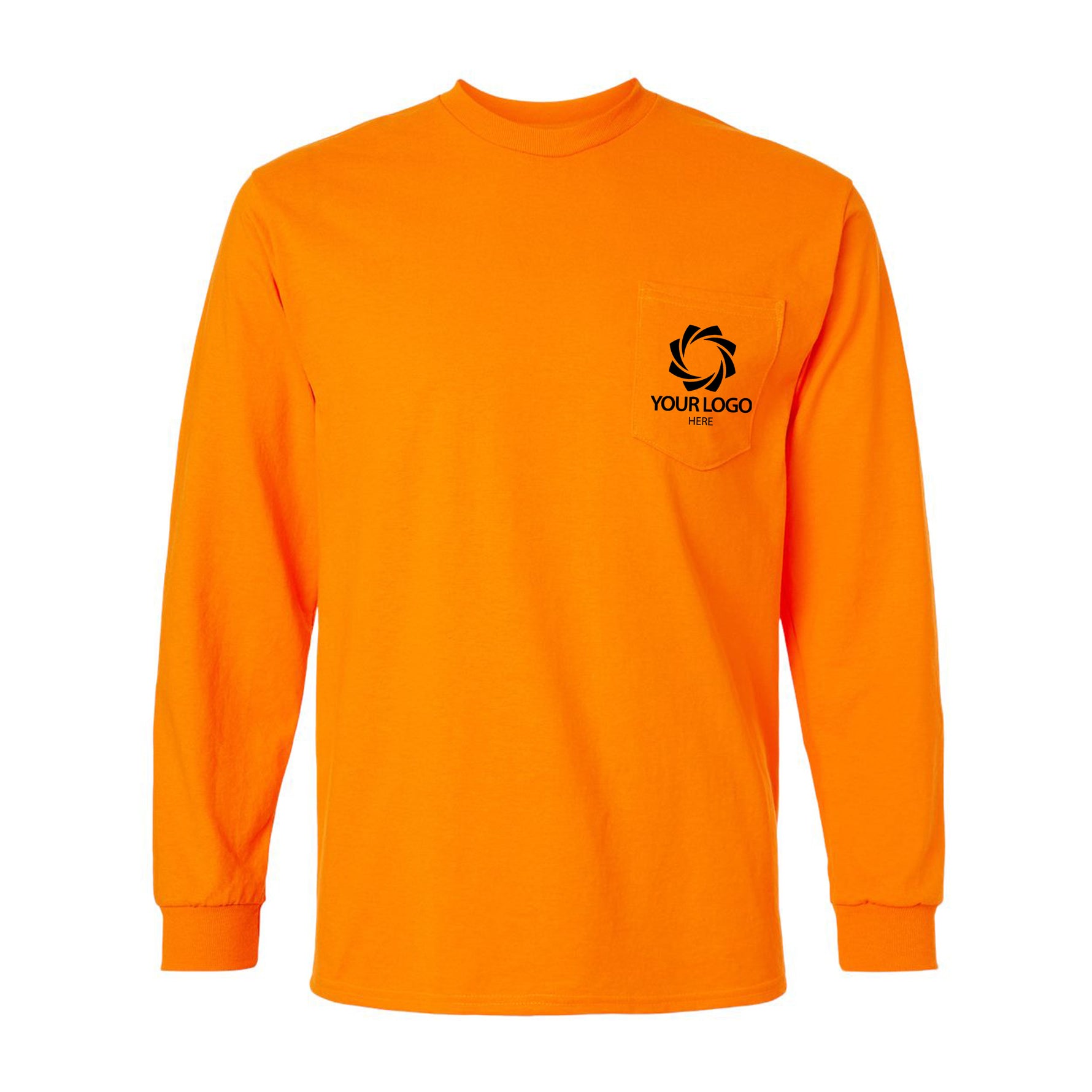 an orange long sleeved shirt with a logo on the chest