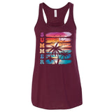A maroon tank top with a graphic design depicting a sunset over a beach with palm trees.